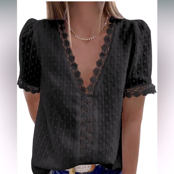 Dokotoo Tops - 🌸 Black V-neck Lace Crochet Embroidered Chiffon Blouse | XXL | New 🌸